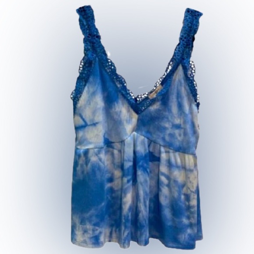 NWT Umgee Glenda Tie Dye Crochet Trim Tank Blue White Size M - Picture 3 of 9